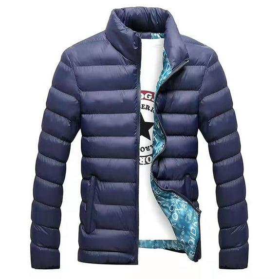 Zpanxa Mens Winter Coats Men Solid Casual Stand-up Collar Padded Zipper Thicken Jacket Coats Navy XXL
