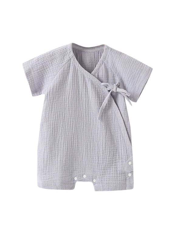 Newborn Boy Onesies Cotton Muslin Short Sleeve Kimono Style Summer Bodysuit with Side Tie Gray 3 Months