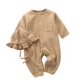 thumbnail image 1 of Zpanxa Newborn Boy Onesies Muslin Cotton with Hat Snap Front Pocket Long Sleeve Summer Romper Coffee 6 Months, 1 of 6