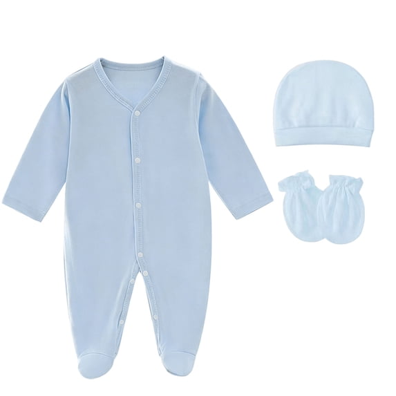 Zpanxa Newborn Girl Onesies Hat Mitten Set Footed Snap Closure Spring Summer Sleepwear Light Blue 0-6 Months