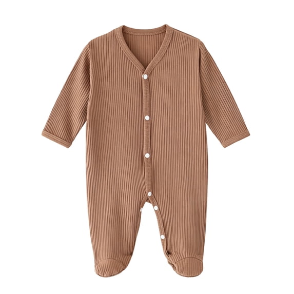 Zpanxa Newborn Girl Onesies Ribbed V-Neck Long Sleeve Footed Sleepwear with Snap Closure Brown 0-6 Months