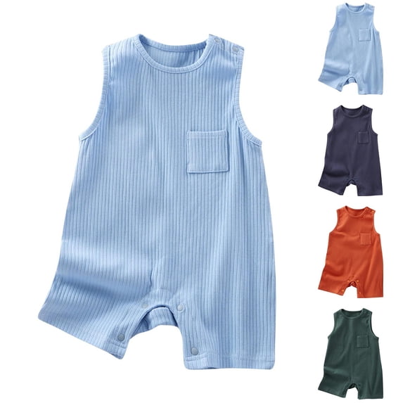Zpanxa Newborn Onesies Boy Ribbed Sleeveless Summer Romper with Pocket Light Blue 3 Months