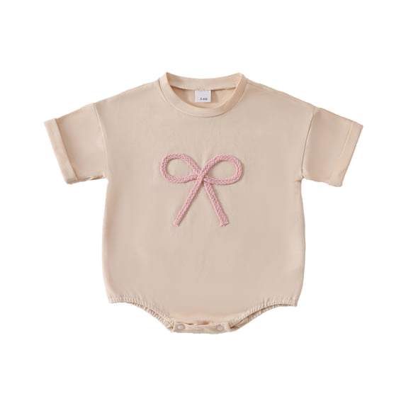 Zpanxa Newborn Onesies Girl Bow Summer Crew Neck Short Sleeve Bodysuit with Snap Crotch Beige 12 Months