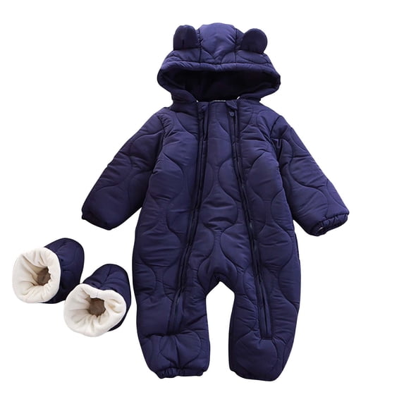 Zpanxa Newborn Onesies Girl Fleece Lined Padded Zip Front Hooded Bear Ear Winter Romper with Booties Navy 9 Months