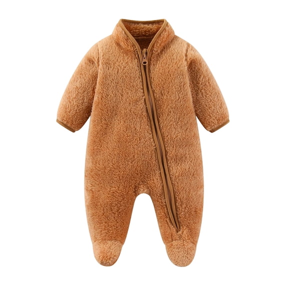 Zpanxa Newborn Onesies Unisex Fleece Footed Zip-Up Warm Winter Romper Solid Color Brown 6 Months