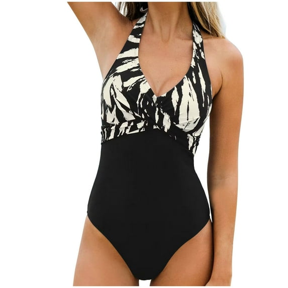 Zpanxa One Piece Swimsuit Women, One Piece Bathing Suit for Women, Bikini Leopard Printed Striped Tie Printed Camisole Elastic OnePiece Swimsuit Black M