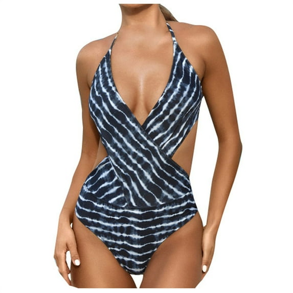 Zpanxa One Piece Swimsuit Women, One Piece Bathing Suit for Women, Bikini Striped Tie Printed Camisole Elastic OnePiece Swimsuit Navy L