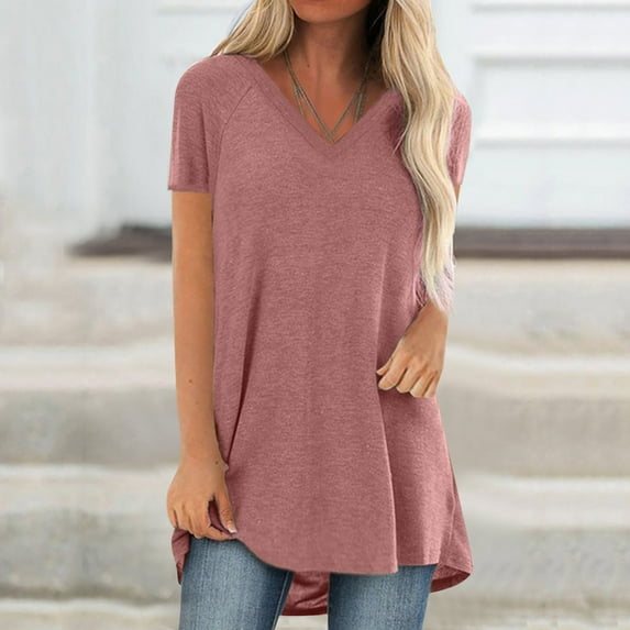 Zpanxa Oversized T Shirts for Women Long Shirt Short Sleeve T-Shirt Oversize Tops Large Sizes Summer V-Neck Casual Loose Blouse Casual Basic Tee Tunic Tops Womens Workout Tops Shirts Pink XL