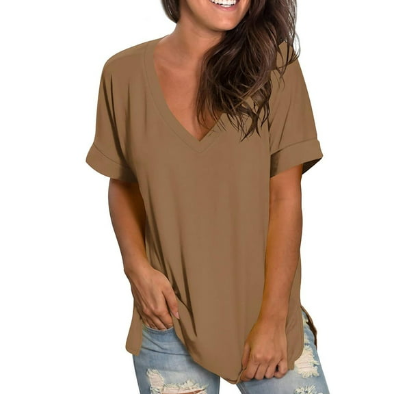 Zpanxa Oversized T Shirts for Women Casual Comfort V-Neck Solid Loose Fit Short Sleeve T-Shirt Tops Womens Workout Tops Shirts Khaki L
