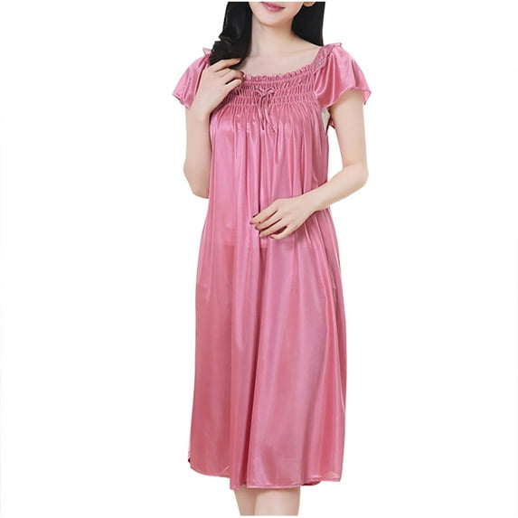 Zpanxa Pajamas for Women, Nightgowns for Women Fashion Solid Color Bow Fold Short Sleeve Ice Silk Summer Long Sleepshirts Sleep Dress Rose Gold One Size