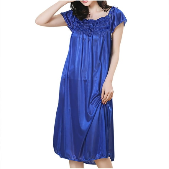 Zpanxa Pajamas for Women, Nightgowns for Women Fashion Solid Color Bow Fold Short Sleeve Ice Silk Summer Long Sleepshirts Sleep Dress Blue One Size