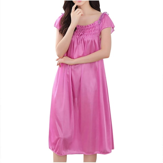 Zpanxa Pajamas for Women, Nightgowns for Women Fashion Solid Color Bow Fold Short Sleeve Ice Silk Summer Long Sleepshirts Sleep Dress Orange One Size