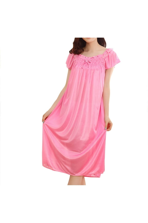 Pajamas for Women, Nightgowns for Women Fashion Solid Color Bow Fold Short Sleeve Ice Silk Summer Long Sleepshirts Sleep Dress Pink One Size