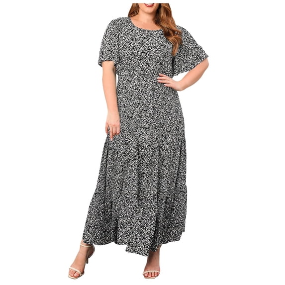 Zpanxa Plus Size Boho Maxi Dress Women Round Neck Short Sleeve Flowy Summer Dress Relaxed Fit Vacation Dress