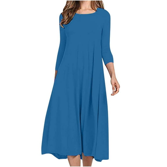 Zpanxa Plus Size Dress for Women, Solid 3/4 Sleeve Empire Waist Dress, Round Neck Fall Dress Casual Midi T-Shirt Dress Blue M