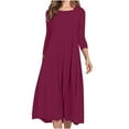 thumbnail image 1 of Zpanxa Plus Size Dress for Women, Solid 3/4 Sleeve Empire Waist Dress, Round Neck Fall Dress Casual Midi T-Shirt Dress Hot Pink L, 1 of 5