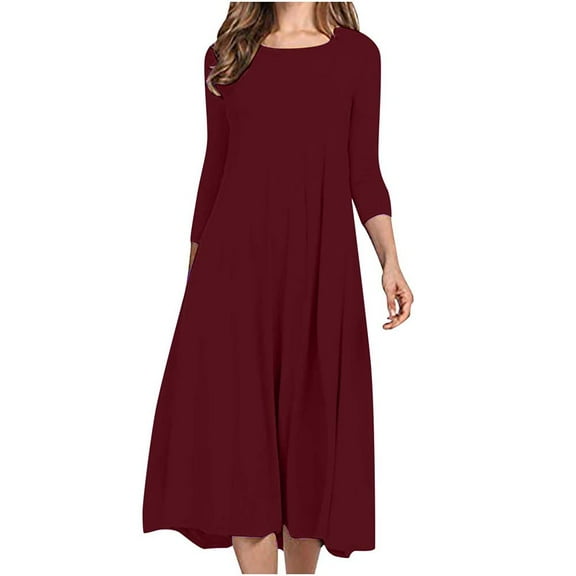 Zpanxa Plus Size Dress for Women, Solid 3/4 Sleeve Empire Waist Dress, Round Neck Fall Dress Casual Midi T-Shirt Dress Wine L