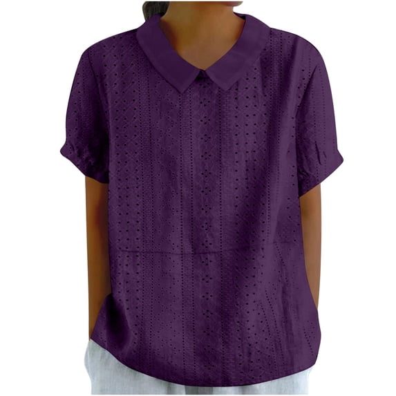Zpanxa Plus Size Linen Mix Shirt for Women, Short Sleeve Lapel Collar Blouse, Loose Fit Solid Color