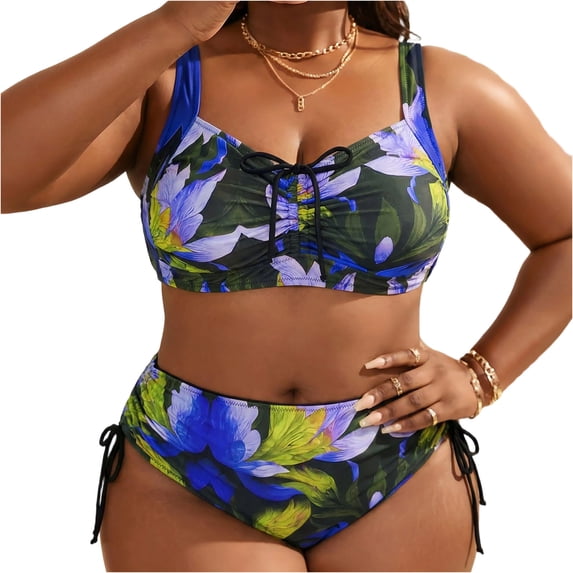 Zpanxa Plus Size Printed Bikini Set Women's Fashion Two Piece Swimsuit with Suspenders and Side Straps