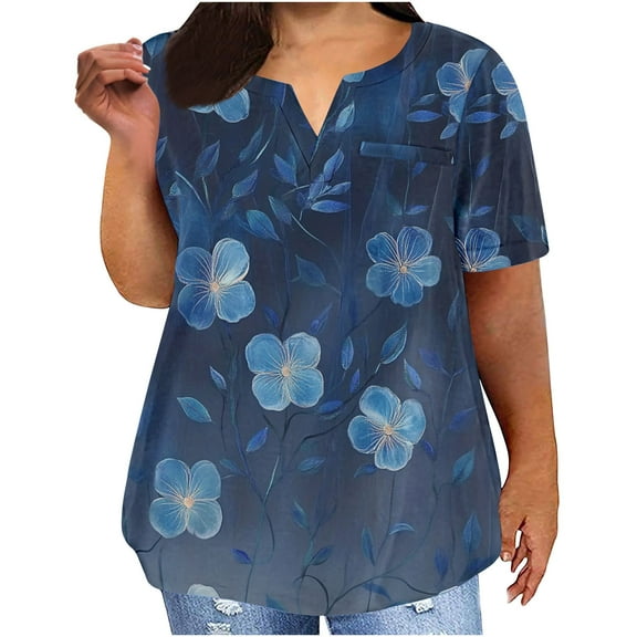 Zpanxa Plus Size Tops for Women Oversized Blouses Nocth Neck Short Sleeve Sunflower Printed Blouse Loose Summer Shirts