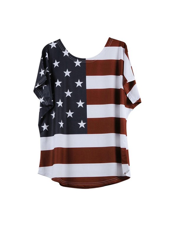 Plus Size Tops for Women Plus Size Women Fashion Loose Blouse Star Stripe USA Flag America T-Shirt Womens T Shirts Red 3XL