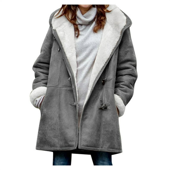 Zpanxa Plus Size Winter Coats for Women Solid Velvet Coat Long Sleeve Horn Buckle Pocket Overcoat Tops Lightweight Warm Hooded Jacket Outwear Gray XXL