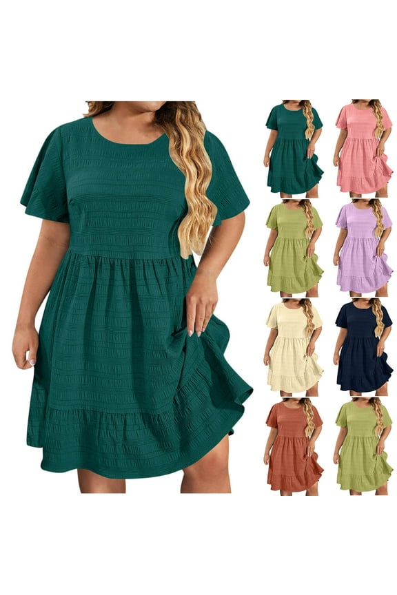 Plus Size Women's Basic Short Sleeve Round Neck Solid Color Casual T Shirt Dress