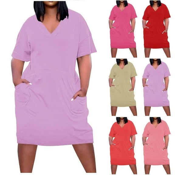 Zpanxa Plus Size Women's Fashion V Neck Pocket Dress Short Sleeve Solid Color Casual T-Shirt Dress