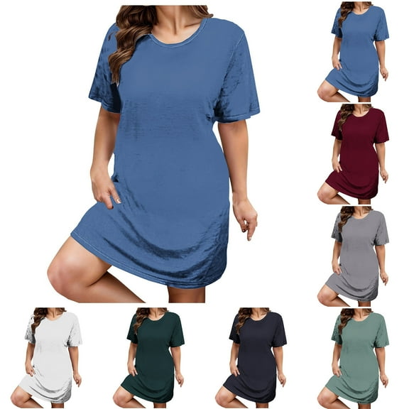 Zpanxa Plus Size Women's Loose Fit Round Neck Short Sleeve Dress Solid Color Everyday T-Shirt Dress