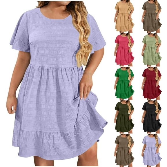 Zpanxa Plus Size Women's Short Sleeve Round Neck Solid Color Casual T Shirt Dress Loose Fit
