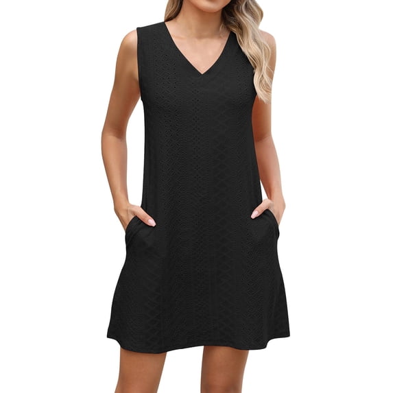 Zpanxa Pocket Dress for Women V-Neck Short Sleeve Solid Color Casual Summer Day Dress