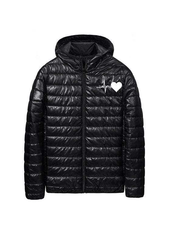 Puffer Jacket Men Hooded Jacket Heart Graphic Zip Up with Pockets XXS