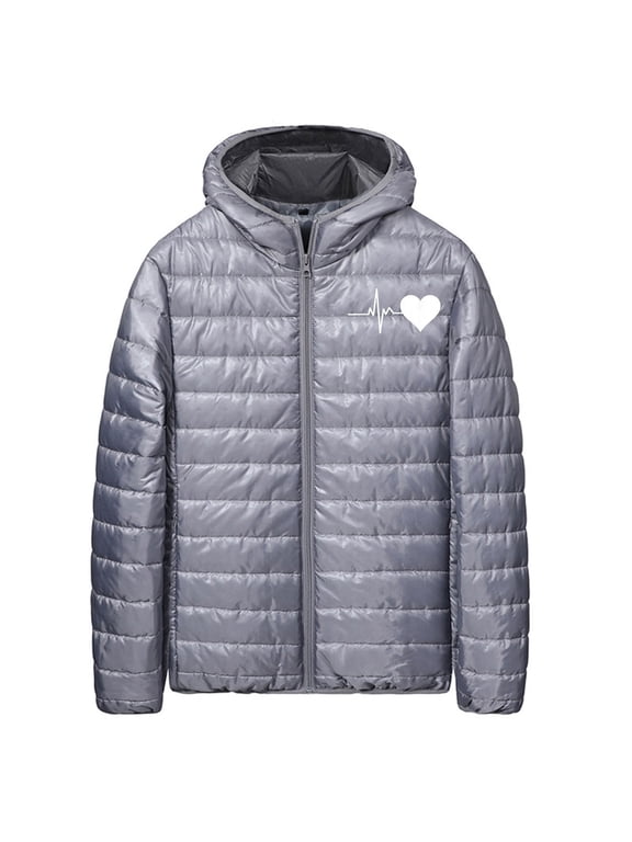 Puffer Jacket Men Hooded Jacket Heart Graphic Zip Up with Pockets XXS