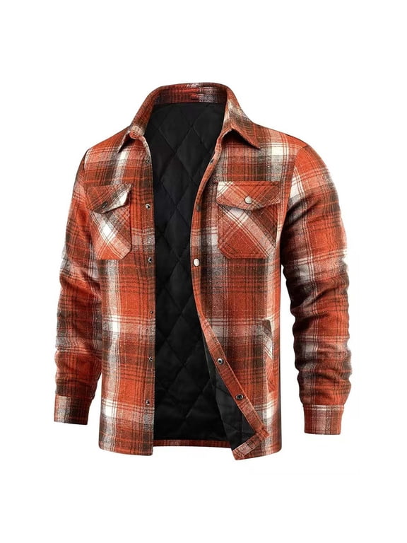 Puffer Jacket Men Red Plaid Quilted Shacket Button Down Pockets 4XL