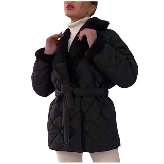 Zpanxa Puffer Jacket Womens Belted Quilted Lapel Collar Warm Winter Coat with Pockets Black S