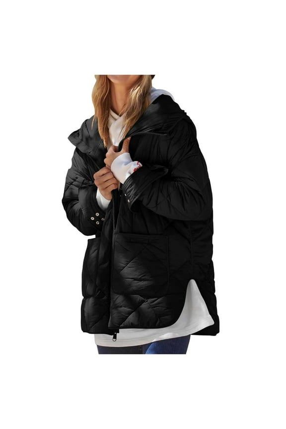 Puffer Jacket Womens Winter Coats Warm Quilted Jackets Cotton Padded Zip up Hooded Coat Outdoor Snow Jacket Outwear Black S