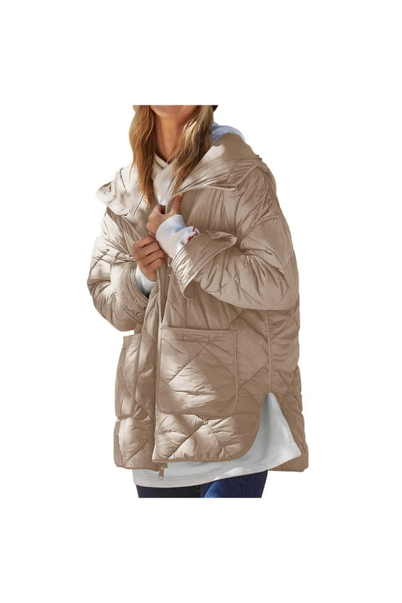 Puffer Jacket Womens Winter Coats Warm Quilted Jackets Cotton Padded Zip up Hooded Coat Outdoor Snow Jacket Outwear Khaki M
