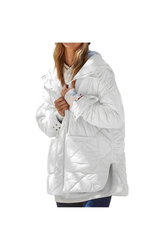 Puffer Jacket Womens Winter Coats Warm Quilted Jackets Cotton Padded Zip up Hooded Coat Outdoor Snow Jacket Outwear White S