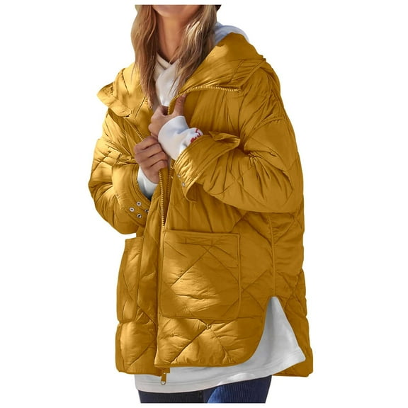 Zpanxa Puffer Jacket Womens Winter Coats Warm Quilted Jackets Cotton Padded Zip up Hooded Coat Outdoor Snow Jacket Outwear Yellow L