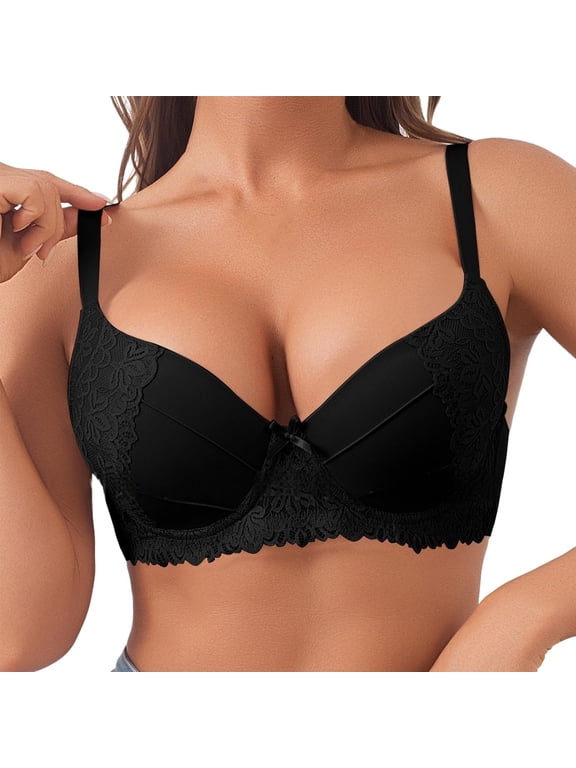 Push Up Underwire Bras for Women Lace Trim Molded Cups Lift Support Daily Wear Black 38C