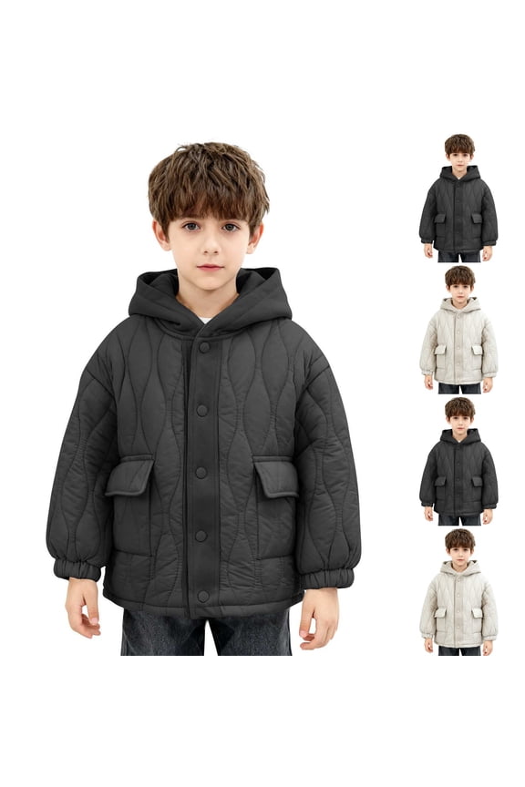 Quilted Jackets for Boys Kids Wave Stitch Quilted Hooded Jacket Boys Loose Button Down Warm Lightweight Winter Outerwear Coat