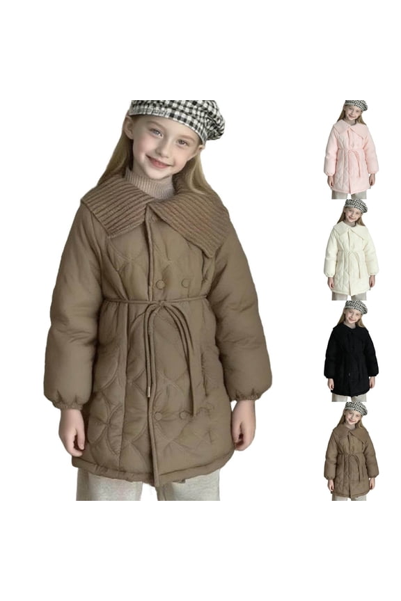 Quilted Jackets for Girls Girls Ribbed Big Collar Quilted Coat Kids Drawstring Waist Mid-Length Warm Winter Jacket