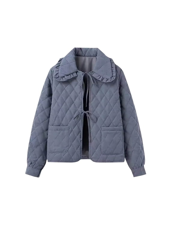 Quilted Jackets for Women Blue Jacket Ruffle Collar Tie Front Pockets M