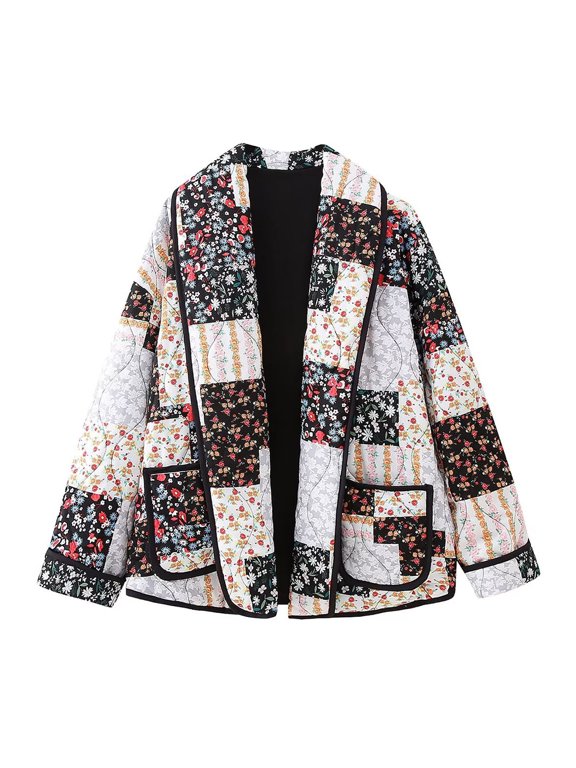 Quilted Jackets for Women Patchwork Jacket Lapel Collar Button Down with Pockets L