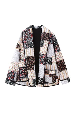 Quilted Jackets for Women Patchwork Jacket Lapel Collar Button Down with Pockets M