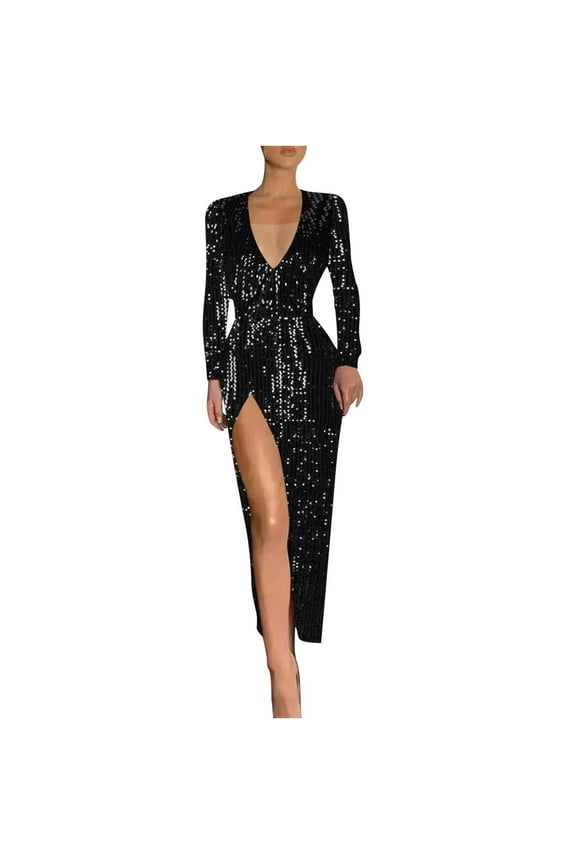 Red Carpet Sequin Gown Women Long Sleeve V Neck Slit Train Evening Dress for Gala or Wedding Guest