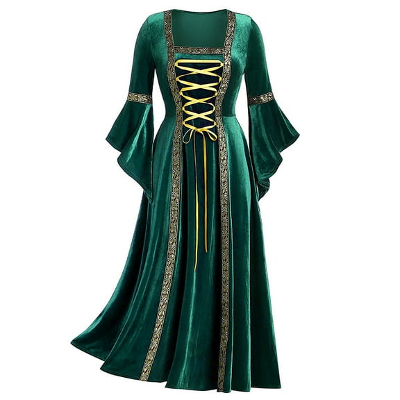 Zpanxa Renaissance Dress for Women, Gothic Halloween Costume Medieval Robe Dress, Solid Splicing Flared Long Sleeve Princess Dress, Gothic Victorian Vampire Maxi Dress Green XL