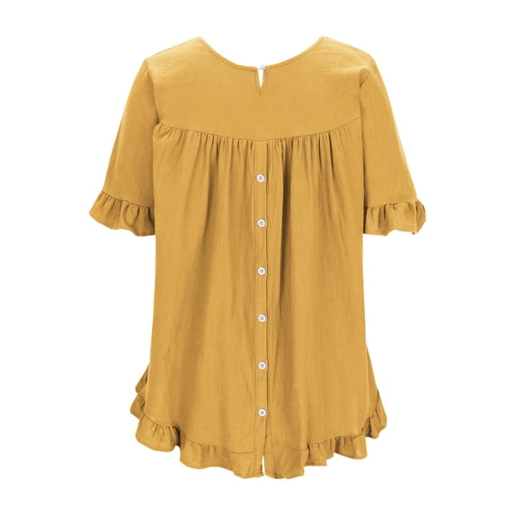 Zpanxa Ruffle Detail Button Top, Women's Ramie Short Sleeve Blouse, Pure Color Relaxed Fit for Spring