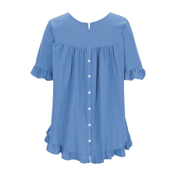 Zpanxa Ruffle Detail Button Top, Women's Ramie Short Sleeve Blouse, Pure Color Relaxed Fit for Spring