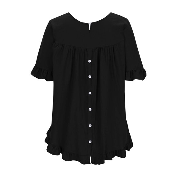 Zpanxa Ruffle Detail Button Top, Women's Ramie Short Sleeve Blouse, Pure Color Relaxed Fit for Spring